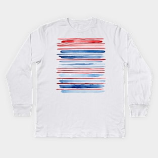 Blue and red watercolor beach stripes Kids Long Sleeve T-Shirt